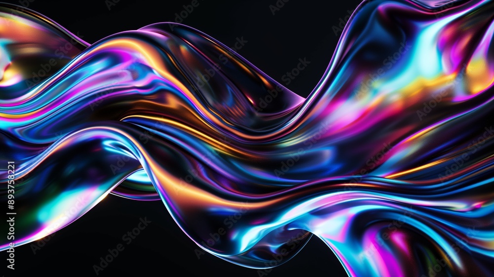 Poster vibrant, iridescent waves of light creating an abstract, flowing pattern on a dark background.