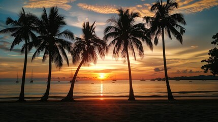 Obraz premium Beach with coconut palm silhouettes against a breathtaking sunset.