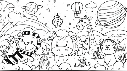 Fototapeta premium Black and White Cartoon Animals Coloring Page With Rainbow, Stars, and a Planet