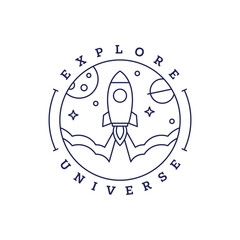 spaceship rocket illustration badge line art style vector