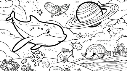 Black And White Line Art Illustration Of A Dolphin Swimming With Fish And A Planet In The Background