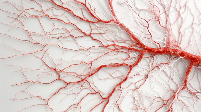 Detailed image of blood vessels network showing intricate red veins and arteries on a white background, representing human circulatory system.