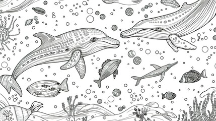 Fototapeta premium Black And White Illustration Of A Dolphin, Whale, And Fish In The Ocean