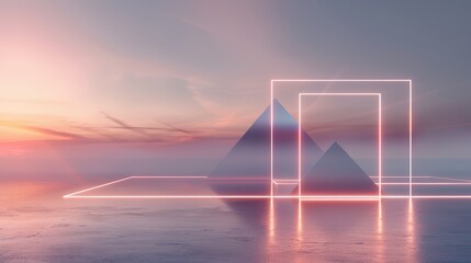 Futuristic landscape with neon geometric shapes and pyramids at sunset, blending modern digital art with serene natural beauty.