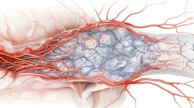 Detailed illustration of blood vessels showing a complex network of veins and arteries, highlighting the vascular system and its intricate structure.