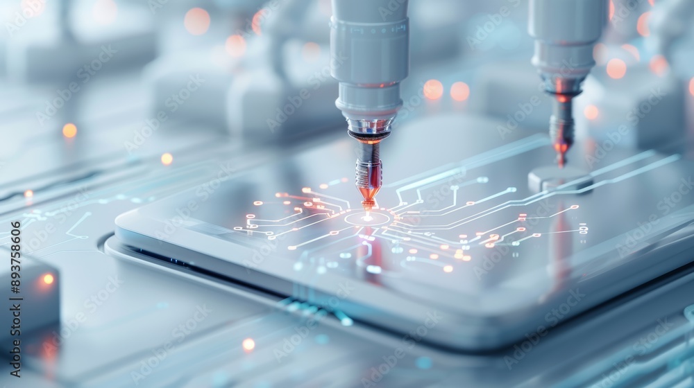 Poster close-up of advanced robotic machinery working on a circuit board in a high-tech laboratory, showcas