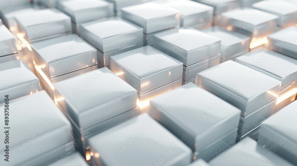 Poster abstract close-up of glossy cubic structures with glowing light highlights, reflecting a modern and 