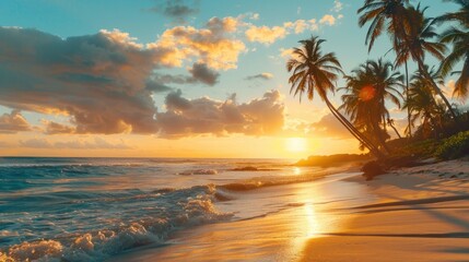 Beach with coconut palms swaying in the breeze and a golden sunset in the background.