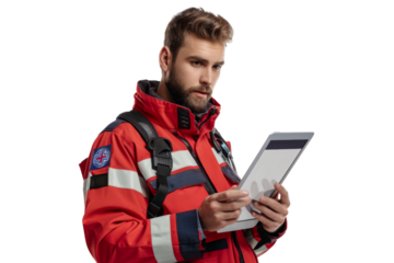Paramedic using a tablet for medical records Isolated on white background