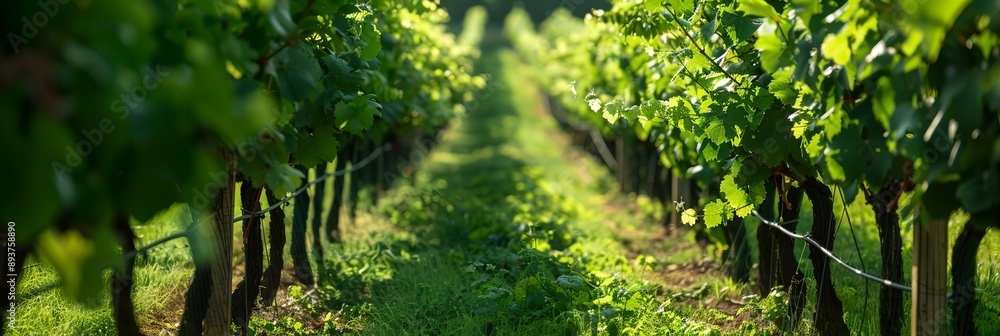 Poster a row of grape vines with green leaves and a wire fence. the vines are in full bloom and the sunligh