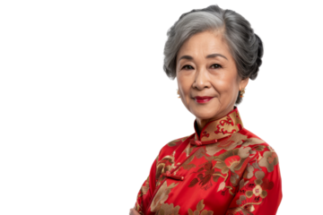 Optimistic senior Asian woman wearing traditional attire, looking at camera, isolated on white background