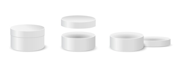 Round boxes with closed and open lids. Rounded containers for gifts or hats, cosmetics or medicine, sweets or cookies. Silver cylindrical tin or cardboard packages. Vector realistic illustration.