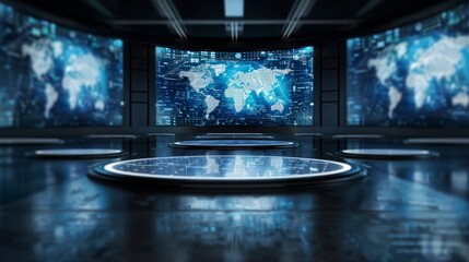 Fototapeta premium Futuristic command center with global data interfaces on large display screens, showcasing advanced technology and high-tech environment.