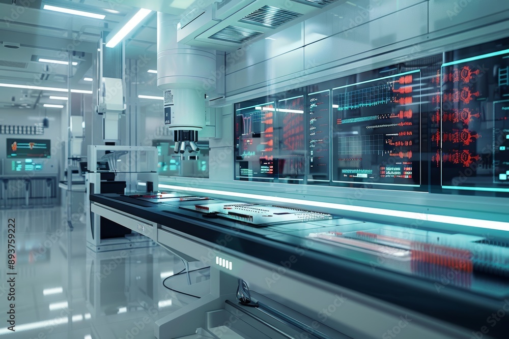 Poster futuristic dna sequencing machine in a clean lab environment with digital genetic data displays