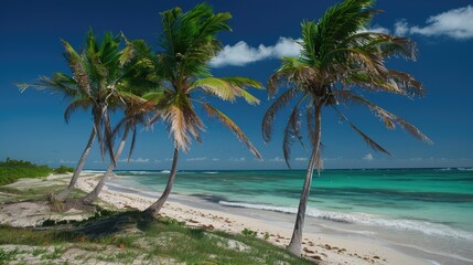 Coconut palms on a beach with turquoise water and a clear blue sky.