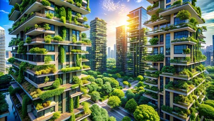 Obraz premium Sustainable Green City with Vertical Forests: Eco-Friendly Urban Living and Architecture