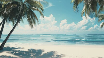 Idyllic beach scene with coconut palms, white sand, and a serene sea.