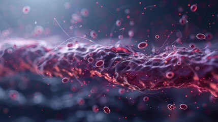 Fototapeta premium Abstract depiction of blood flow in human vessel with red blood cells. Highly detailed and artistically rendered in vibrant colors.