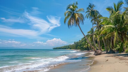 Idyllic beach with coconut palms and a clear blue sky.