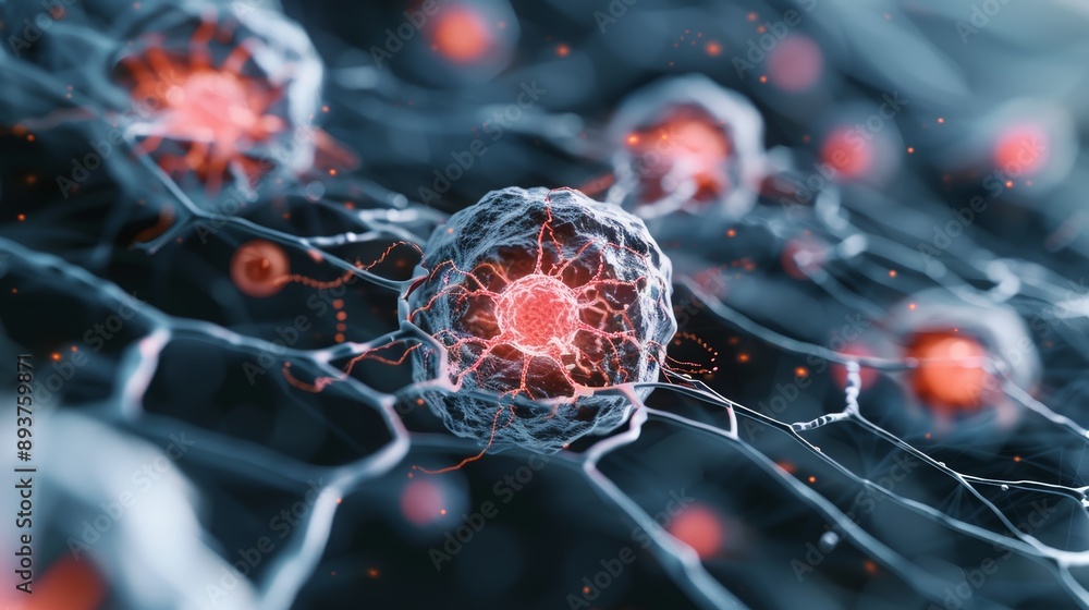 Poster close-up of interconnected neurons with vibrant synapses glowing, representing neural networks and b