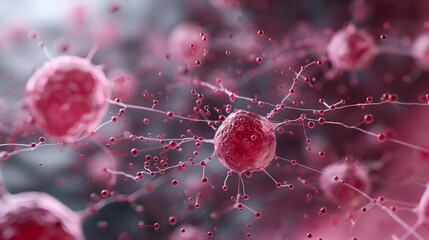 Close-up of red biological cells under a microscope, showing detailed structure and connections. Perfect for scientific and medical purposes.
