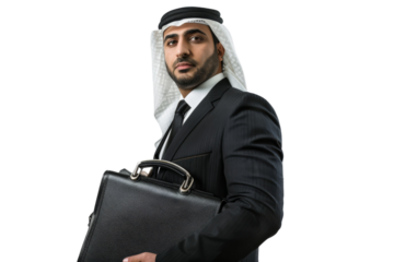 Middle Eastern businessman holding a briefcase and looking at the camera Isolated on white background