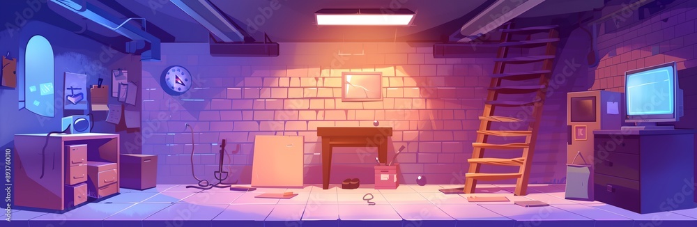 Aufkleber a room with a clock on the wall and a desk with a computer on it. the room is dimly lit and has a fe