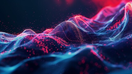 Obraz premium Abstract digital wave pattern with vibrant neon colors against a dark background.