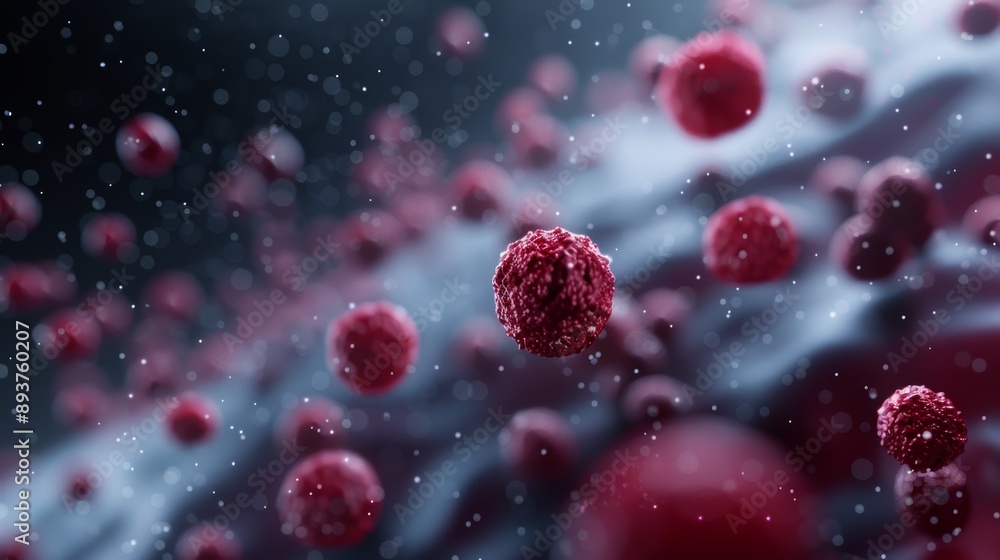 Poster close-up of red cells in motion on a dark background, representing biological processes and scientif