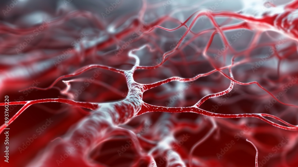Poster close-up of a neural network, depicting intricate and detailed nerve cells in a red and white color 