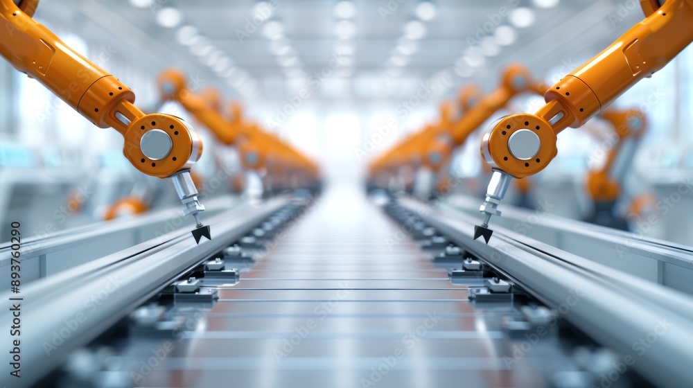 Poster high-tech robotic arms in a modern automated factory setting, showcasing advanced industrial automat