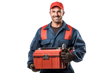 Mechanic holding a toolbox, ready to work, smiling confidently, clean uniform Isolated on white background