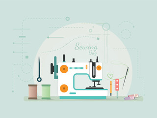 Artistic illustration of a sewing machine and sewing tools like thread spools and a needle, celebrating Sewing Day with decorative stitching patterns and a heart-shaped thread design in the background