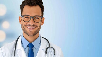 Fototapeta premium Smiling male doctor with glasses and a stethoscope, wearing a white coat and blue tie, standing against a blue gradient background.
