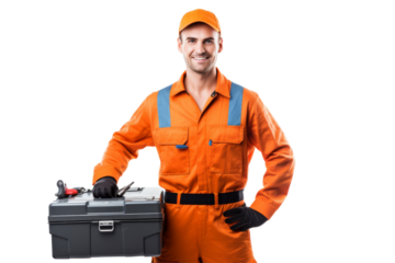 Mechanic holding a toolbox, ready to work, smiling confidently, clean uniform Isolated on white background