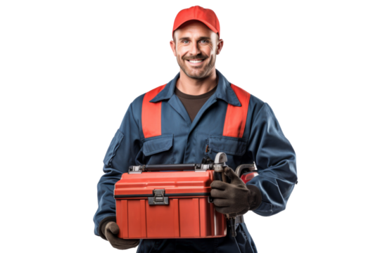 Mechanic holding a toolbox, ready to work, smiling confidently, clean uniform Isolated on white background