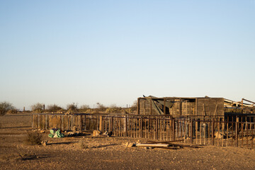 Storm damaged sheep shed and kraal on farm near Brandvlei, Northern Cape, South Africa. Early...