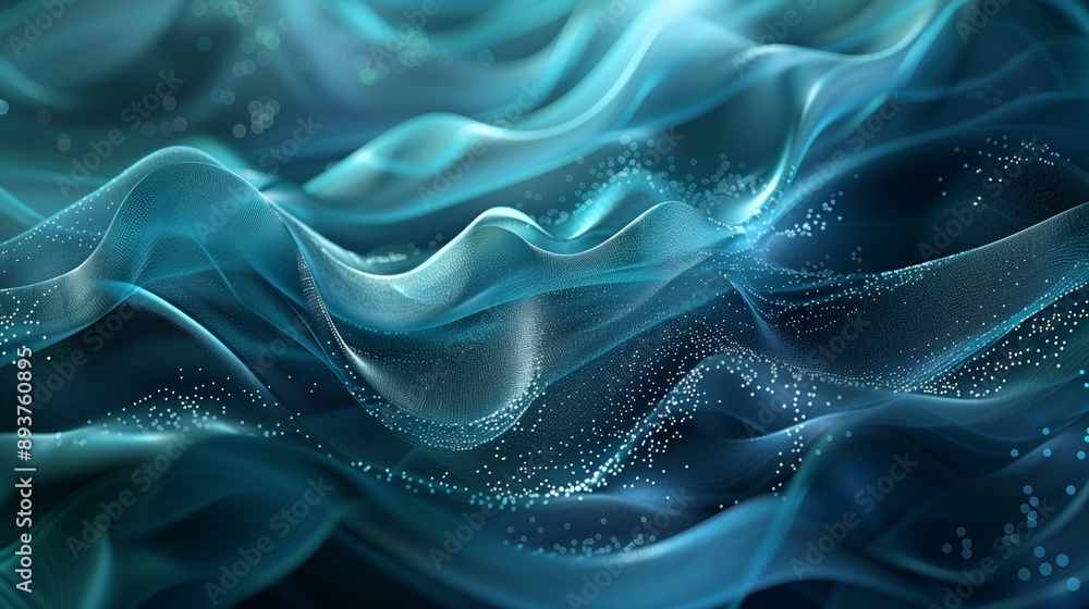 Poster abstract blue and turquoise waves with sparkles creating an ethereal, flowing design.