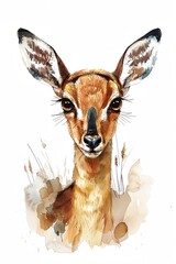 A close up of a deer's face with a watercolor background. The deer has a curious expression and its eyes are wide open
