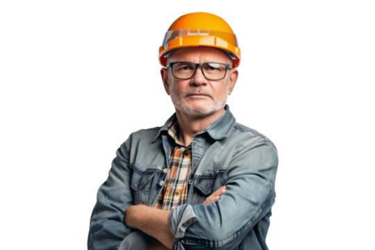 Mature male engineer with crossed arms, wearing glasses and a safety helmet, isolated on white background