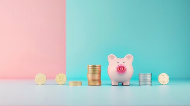 Pink piggy bank with stacks of coins on blue and pink background.  Saving money concept.