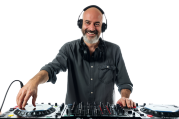 Mature DJ performing live, smiling, adjusting sound levels Isolated on white background