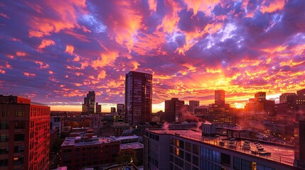 Fototapeta premium Colorful Sunset Over a City Skyline With Skyscrapers
