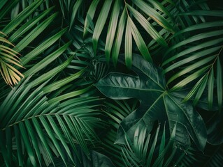 Naklejka premium Closeup nature view of green leaf and palms background. Flat lay, dark nature concept, tropical leaf