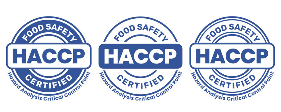 HACCP Hazard Analysis Critical Control Points, Food Safety system, logo, badge, icon, sticker, label, emblem, stamp, symbol, green, golden, flat vector, isolated illustration. HACCP Certified.