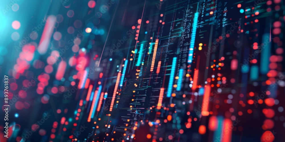Poster abstract binary data and cyber space network in blue and red for technology and finance backgrounds.