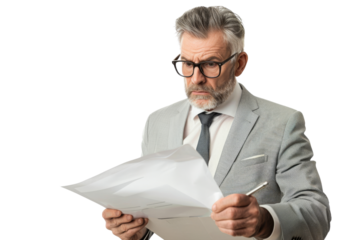 Mature businessman examining document, isolated on white background