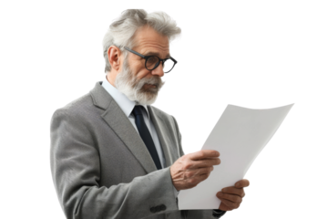 Mature businessman examining document, isolated on white background