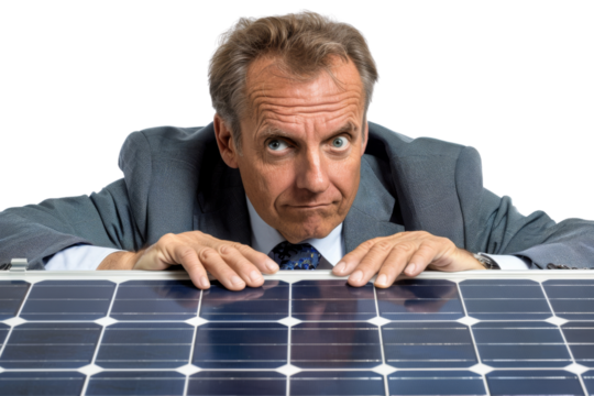 Mature businessman studying a solar panel with a serious look Isolated on white background