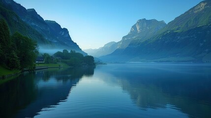 Fototapeta premium Mountain Lake View From Shore in Early Morning Fog